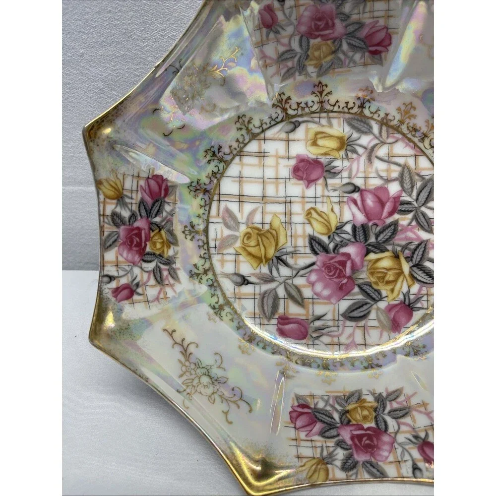 Rose Bowl Gala Vintage Trimont Ware Japan Iridescent Yellow Pink Roses Octagonal